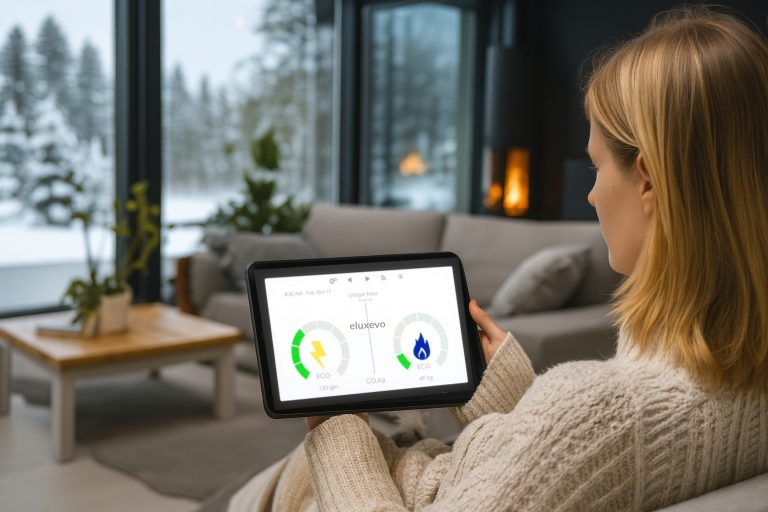 Family relaxing in a warm, well-lit smart home using Eluxevo system