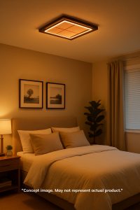 Warm circadian ceiling light glowing in a cozy, modern bedroom designed for sleep and wellness